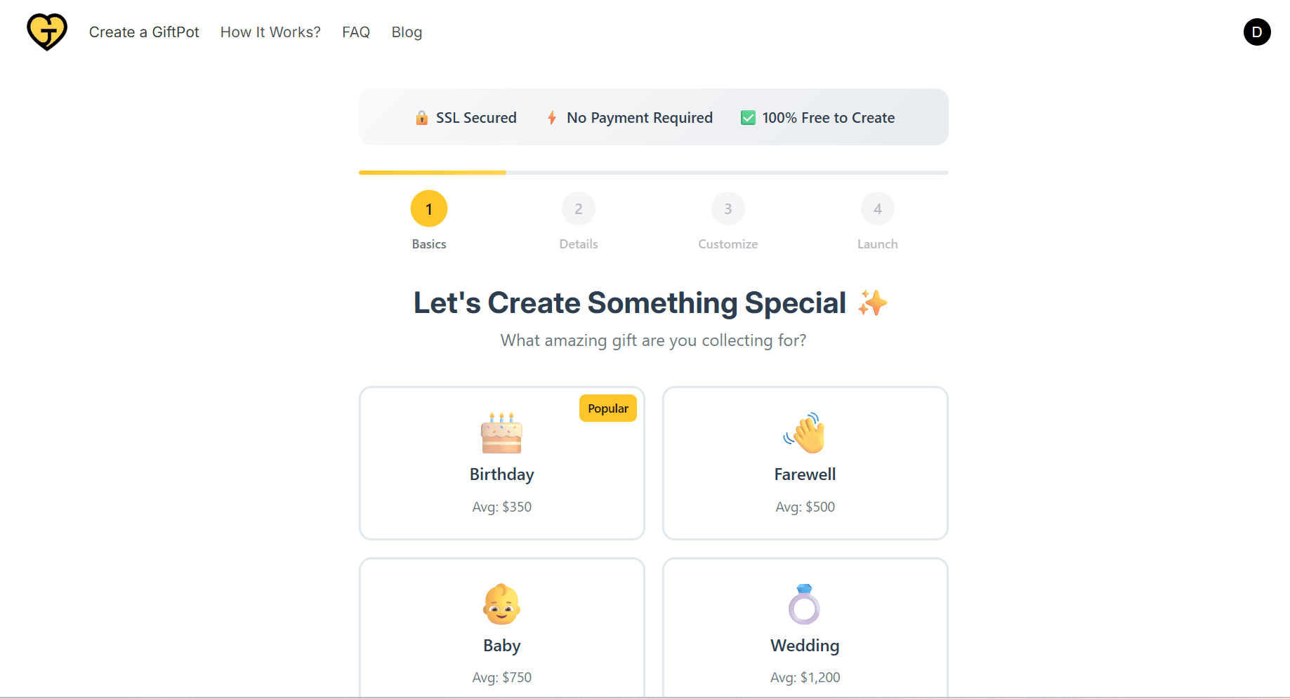 GiftPot creation flow with guided gift occasion choices
