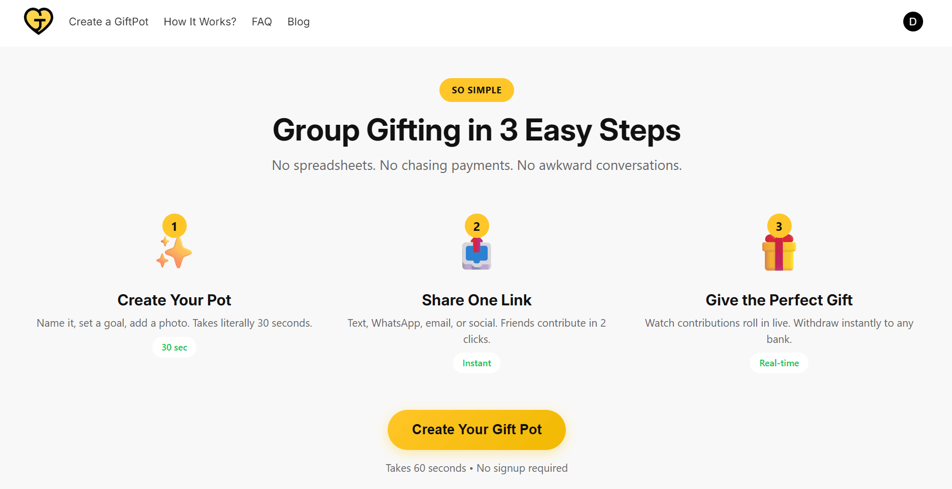 GiftPot page explaining the three-step group-gifting flow
