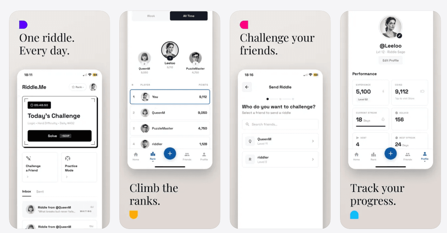 Riddle.Me App Store artwork showing daily riddles, rankings, friend challenges and progress tracking